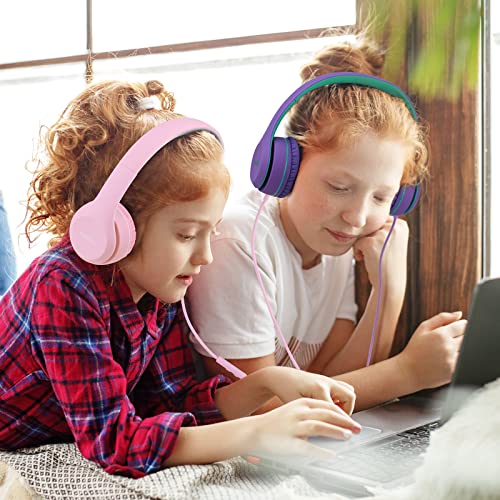 RORSOU K5 Kids Headphones with Microphone for shchool, Volume Limiter 85/94dB, Foldable Stereo Tangle-Free 3.5mm Jack Wired Cord On-Ear Headphones for Children/Boys/Girls/Kindle/Tablet/MP3/4 (Purple)