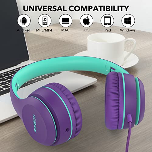 RORSOU K5 Kids Headphones with Microphone for shchool, Volume Limiter 85/94dB, Foldable Stereo Tangle-Free 3.5mm Jack Wired Cord On-Ear Headphones for Children/Boys/Girls/Kindle/Tablet/MP3/4 (Purple)