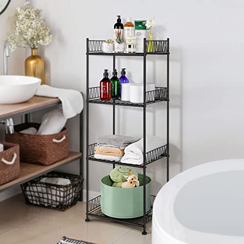 OYEAL Bathroom Shelves Freestanding Bathroom Towel Storage 4 Tier Wire Shelving Unit with Guard Bathroom Shelf Organizer Standing for Pantry Kitchen Laundry Room Organization, Black