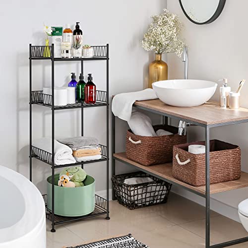 OYEAL Bathroom Shelves Freestanding Bathroom Towel Storage 4 Tier Wire Shelving Unit with Guard Bathroom Shelf Organizer Standing for Pantry Kitchen Laundry Room Organization, Black