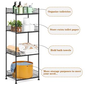 OYEAL Bathroom Shelves Freestanding Bathroom Towel Storage 4 Tier Wire Shelving Unit with Guard Bathroom Shelf Organizer Standing for Pantry Kitchen Laundry Room Organization, Black