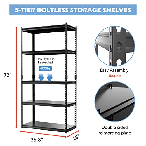 Woueniut Garage Storage Shelves, 72" Heavy Duty Metal Storage Utility Rack with Adjustable 5 Tier Shelving Storage Rack for Warehouse Basement Kitchen Living Room 35.8" W x 16" D x 72" H (4 Pack)