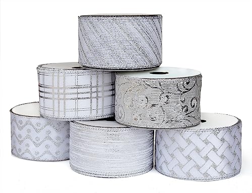 Christmas Ribbon Wired, 6 Rolls 2.5 Inch 36 Yard Silver Sheer Glitter Organza Wired Edge Ribbons for Christmas Tree, Gift Wrapping, Assortment Ribbon for Crafts, DIY, Christmas Tree Ribbon