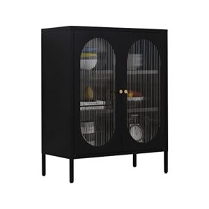 lingzoe black storage cabinet with steel frame and 2 glass door, home locker sideboard cabinet organizer for books, magazines, dvds storage shelf