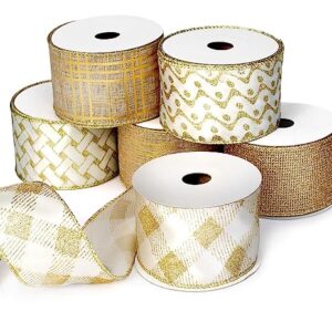 Gold Ribbon Wired Christmas Tree Ribbon 2.5 Inch Xmas Ribbons 6 Rolls 36 Yards Burlap Organza Sheer Mesh Metallic Glitter Crafts Decorating Gift Wrapping Bows Gift Wrap Bow Tree Topper Wreath