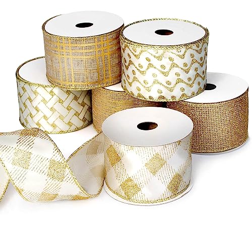 Gold Ribbon Wired Christmas Tree Ribbon 2.5 Inch Xmas Ribbons 6 Rolls 36 Yards Burlap Organza Sheer Mesh Metallic Glitter Crafts Decorating Gift Wrapping Bows Gift Wrap Bow Tree Topper Wreath