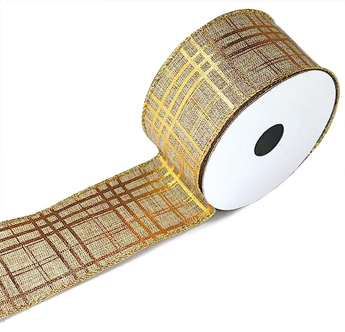 Gold Ribbon Wired Christmas Tree Ribbon 2.5 Inch Xmas Ribbons 6 Rolls 36 Yards Burlap Organza Sheer Mesh Metallic Glitter Crafts Decorating Gift Wrapping Bows Gift Wrap Bow Tree Topper Wreath