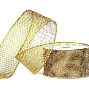 Gold Ribbon Wired Christmas Tree Ribbon 2.5 Inch Xmas Ribbons 6 Rolls 36 Yards Burlap Organza Sheer Mesh Metallic Glitter Crafts Decorating Gift Wrapping Bows Gift Wrap Bow Tree Topper Wreath