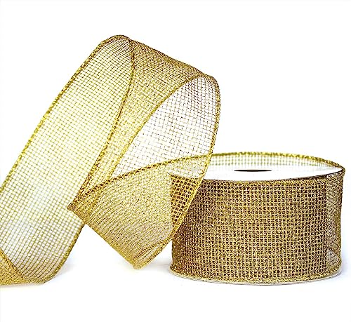 Gold Ribbon Wired Christmas Tree Ribbon 2.5 Inch Xmas Ribbons 6 Rolls 36 Yards Burlap Organza Sheer Mesh Metallic Glitter Crafts Decorating Gift Wrapping Bows Gift Wrap Bow Tree Topper Wreath