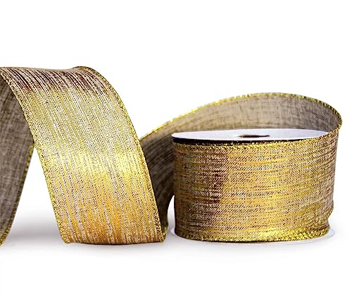 Gold Ribbon Wired Christmas Tree Ribbon 2.5 Inch Xmas Ribbons 6 Rolls 36 Yards Burlap Organza Sheer Mesh Metallic Glitter Crafts Decorating Gift Wrapping Bows Gift Wrap Bow Tree Topper Wreath