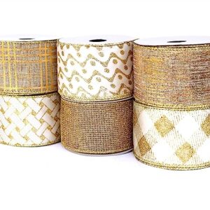 Gold Ribbon Wired Christmas Tree Ribbon 2.5 Inch Xmas Ribbons 6 Rolls 36 Yards Burlap Organza Sheer Mesh Metallic Glitter Crafts Decorating Gift Wrapping Bows Gift Wrap Bow Tree Topper Wreath