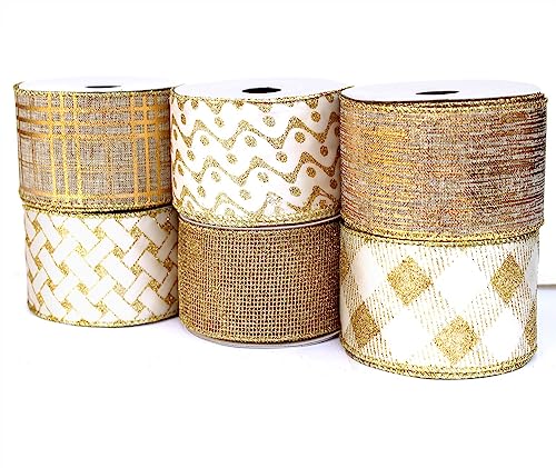 Gold Ribbon Wired Christmas Tree Ribbon 2.5 Inch Xmas Ribbons 6 Rolls 36 Yards Burlap Organza Sheer Mesh Metallic Glitter Crafts Decorating Gift Wrapping Bows Gift Wrap Bow Tree Topper Wreath