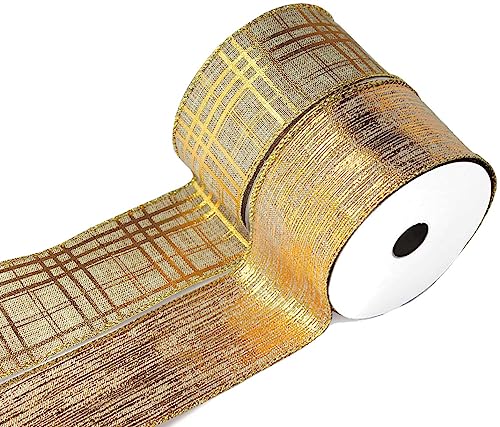 Gold Ribbon Wired Christmas Tree Ribbon 2.5 Inch Xmas Ribbons 6 Rolls 36 Yards Burlap Organza Sheer Mesh Metallic Glitter Crafts Decorating Gift Wrapping Bows Gift Wrap Bow Tree Topper Wreath