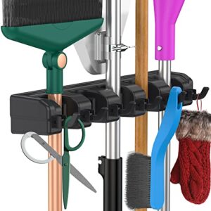 livcrt broom holder & wall mount garden tool organizer- kitchen, closet, garage & laundry room storage with 5 slots & 6 hooks - wall holder for broom, rake & mop handles (black)