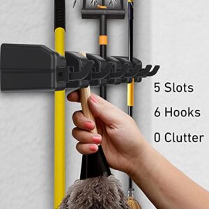 LIVCRT Broom Holder & Wall Mount Garden Tool Organizer- Kitchen, Closet, Garage & Laundry Room Storage With 5 Slots & 6 Hooks - Wall Holder For Broom, Rake & Mop Handles (Black)