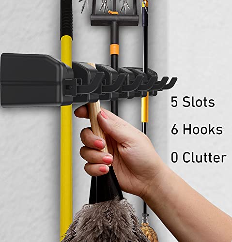 LIVCRT Broom Holder & Wall Mount Garden Tool Organizer- Kitchen, Closet, Garage & Laundry Room Storage With 5 Slots & 6 Hooks - Wall Holder For Broom, Rake & Mop Handles (Black)