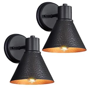 outdoor wall sconces, 2-pack wall lights fixture, exterior farmhouse porch light with hammered metal shade, anti-rust waterproof black outside barn light for front porch, patio, garage, gazebo, house