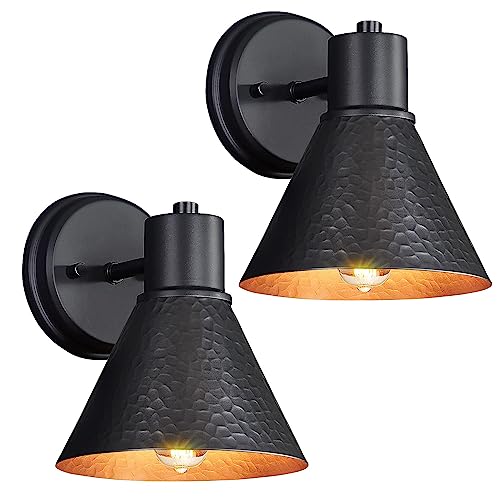 Outdoor Wall Sconces, 2-Pack Wall Lights Fixture, Exterior Farmhouse Porch Light with Hammered Metal Shade, Anti-Rust Waterproof Black Outside Barn Light for Front Porch, Patio, Garage, Gazebo, House