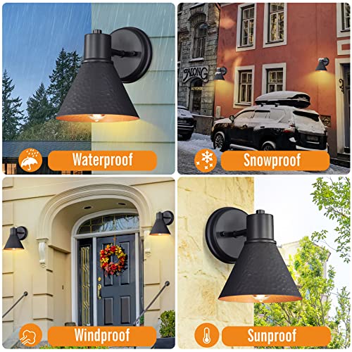 Outdoor Wall Sconces, 2-Pack Wall Lights Fixture, Exterior Farmhouse Porch Light with Hammered Metal Shade, Anti-Rust Waterproof Black Outside Barn Light for Front Porch, Patio, Garage, Gazebo, House