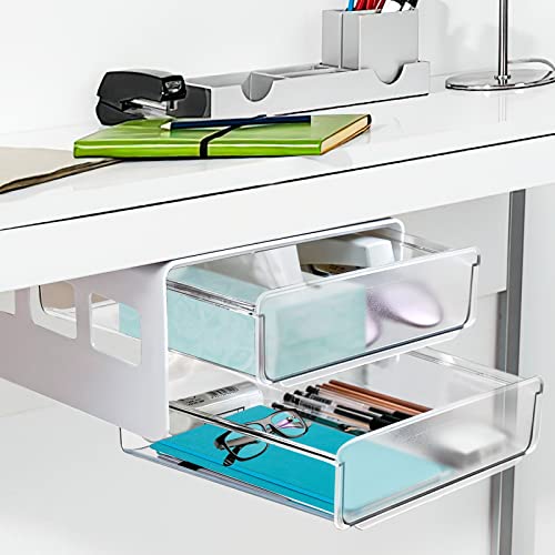 Ceuku Under Desk Drawer Organizer 2 Layers Hidden Drawer, Clear Plastic Attachable Desk Drawer Easy to Install Under Table Drawer Self- adhesive Under Desk Organizer for Office, Wardrobe or kitchen