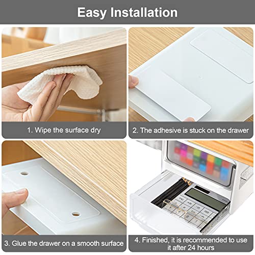 Ceuku Under Desk Drawer Organizer 2 Layers Hidden Drawer, Clear Plastic Attachable Desk Drawer Easy to Install Under Table Drawer Self- adhesive Under Desk Organizer for Office, Wardrobe or kitchen