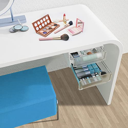 Ceuku Under Desk Drawer Organizer 2 Layers Hidden Drawer, Clear Plastic Attachable Desk Drawer Easy to Install Under Table Drawer Self- adhesive Under Desk Organizer for Office, Wardrobe or kitchen