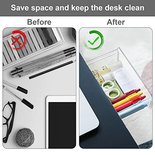 Ceuku Under Desk Drawer Organizer 2 Layers Hidden Drawer, Clear Plastic Attachable Desk Drawer Easy to Install Under Table Drawer Self- adhesive Under Desk Organizer for Office, Wardrobe or kitchen