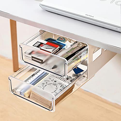 Ceuku Under Desk Drawer Organizer 2 Layers Hidden Drawer, Clear Plastic Attachable Desk Drawer Easy to Install Under Table Drawer Self- adhesive Under Desk Organizer for Office, Wardrobe or kitchen