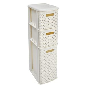 store & order slimline 3 drawer tower - slim & narrow plastic drawers, perfect storage unit for bathroom, hallway, office, wardrobe or utility room, white rattan design