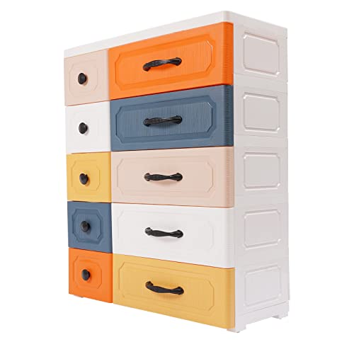 Plastic Drawers Dresser with 10 Drawers, Plastic Tower Closet Organizer with Removable Wheels Suitable for Condos Dorm Rooms Bedrooms Nurseries Playrooms Entryways, 29.52"W x 12.2"D x 36.64"H