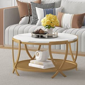 asya 2-tier round coffee table with storage open shelf, 36 inch industrial sofa cocktail table for living room, white & gold