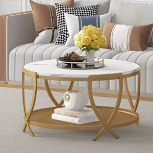 ASYA 2-Tier Round Coffee Table with Storage Open Shelf, 36 Inch Industrial Sofa Cocktail Table for Living Room, White & Gold