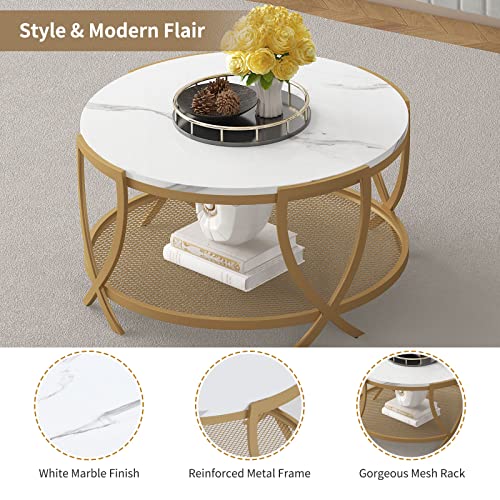 ASYA 2-Tier Round Coffee Table with Storage Open Shelf, 36 Inch Industrial Sofa Cocktail Table for Living Room, White & Gold