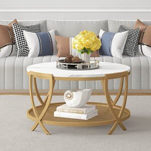 ASYA 2-Tier Round Coffee Table with Storage Open Shelf, 36 Inch Industrial Sofa Cocktail Table for Living Room, White & Gold