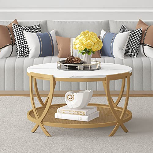 ASYA 2-Tier Round Coffee Table with Storage Open Shelf, 36 Inch Industrial Sofa Cocktail Table for Living Room, White & Gold