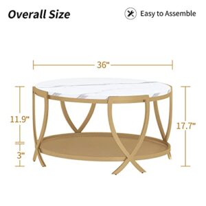 ASYA 2-Tier Round Coffee Table with Storage Open Shelf, 36 Inch Industrial Sofa Cocktail Table for Living Room, White & Gold