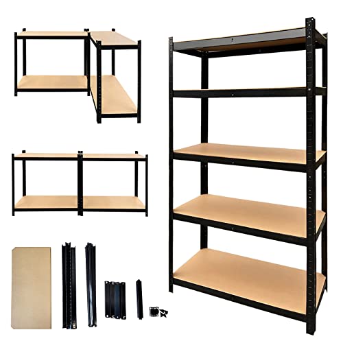 5 Tier Adjustable Boltless Garage Shelving, Heavy Duty Storage Racks Unit, Organizing Metal Shelf for Home Office Workshop Warehouse Household Kitchen, 59" H x 28" W x 12" D, Black, DIY Shelves