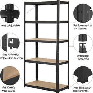 5 Tier Adjustable Boltless Garage Shelving, Heavy Duty Storage Racks Unit, Organizing Metal Shelf for Home Office Workshop Warehouse Household Kitchen, 59" H x 28" W x 12" D, Black, DIY Shelves