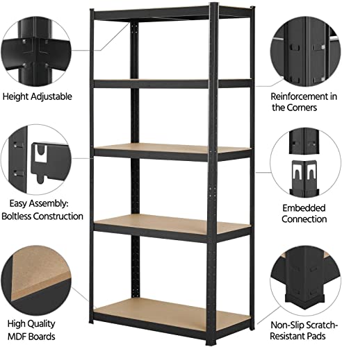 5 Tier Adjustable Boltless Garage Shelving, Heavy Duty Storage Racks Unit, Organizing Metal Shelf for Home Office Workshop Warehouse Household Kitchen, 59" H x 28" W x 12" D, Black, DIY Shelves