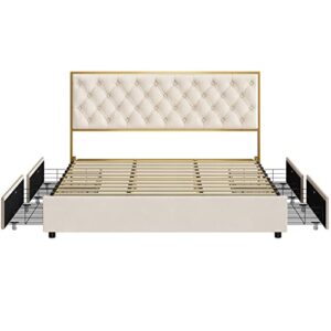 HIFIT Queen Bed Frame with 4 Storage Drawers, Upholstered Queen Platform Bed Frame with Button Tufted Headboard, Heavy Duty Mattress Foundation with Wooden Slats, No Box Spring Needed, Golden & Beige