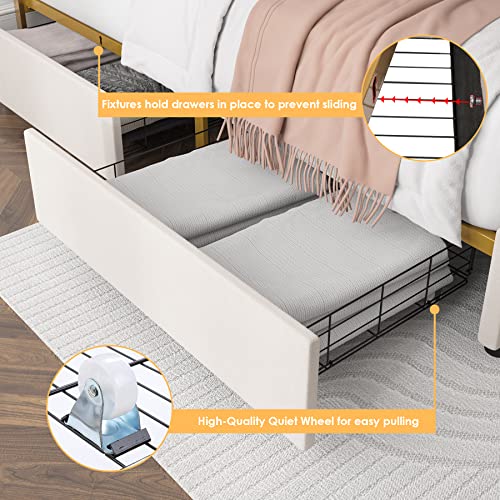 HIFIT Queen Bed Frame with 4 Storage Drawers, Upholstered Queen Platform Bed Frame with Button Tufted Headboard, Heavy Duty Mattress Foundation with Wooden Slats, No Box Spring Needed, Golden & Beige