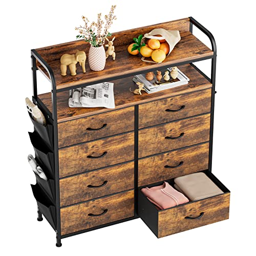 Lulive 8 Drawer Dresser with Shelves, Chest of Drawers for Bedroom with Side Pockets and Hooks, Fabric Storage Tower Organizer for Nursery, Hallway, Closet, Wood Top (Rustic Brown)