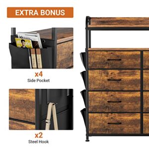 Lulive 8 Drawer Dresser with Shelves, Chest of Drawers for Bedroom with Side Pockets and Hooks, Fabric Storage Tower Organizer for Nursery, Hallway, Closet, Wood Top (Rustic Brown)