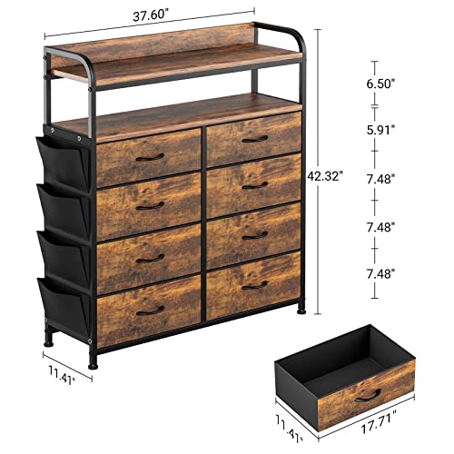 Lulive 8 Drawer Dresser with Shelves, Chest of Drawers for Bedroom with Side Pockets and Hooks, Fabric Storage Tower Organizer for Nursery, Hallway, Closet, Wood Top (Rustic Brown)