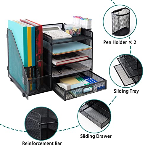 5 Tier Desk Organizer with Vertical File Racks, Paper Letter Tray with Drawer and 2 Pen Holder for Office and School Supplies, File Organizer for Desk, Mesh Desktop Organizer for Office, School, Home