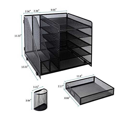 5 Tier Desk Organizer with Vertical File Racks, Paper Letter Tray with Drawer and 2 Pen Holder for Office and School Supplies, File Organizer for Desk, Mesh Desktop Organizer for Office, School, Home