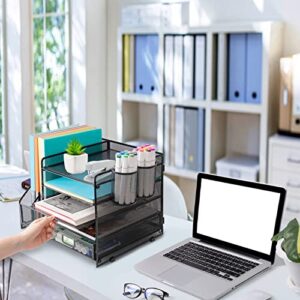 5 Tier Desk Organizer with Vertical File Racks, Paper Letter Tray with Drawer and 2 Pen Holder for Office and School Supplies, File Organizer for Desk, Mesh Desktop Organizer for Office, School, Home
