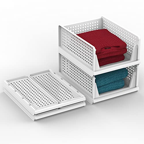 2 Pack Folding Closet Organizers Storage Box, Stackable Plastic Drawer Basket for Clothing, Clothes Storage Container for Bedroom Cupboard(White)