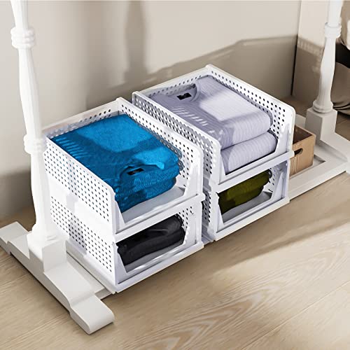 2 Pack Folding Closet Organizers Storage Box, Stackable Plastic Drawer Basket for Clothing, Clothes Storage Container for Bedroom Cupboard(White)