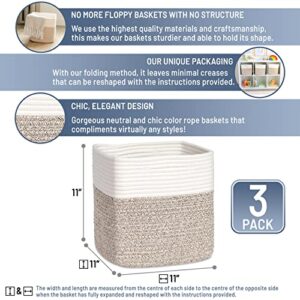 NaturalCozy Storage Cubes 11 Inch Cotton Rope Woven Baskets for Organizing, 3-Pack | Cube Storage Bin | Square Storage Baskets for Shelves Organizer, Classroom, Kids Toy Bins, Closet, Baby Nursery